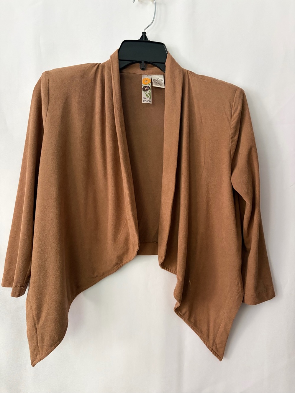 Vintage Faux Suede-Like Draped Open-Front Blazer w/ Shoulder Pads in Camel Brown